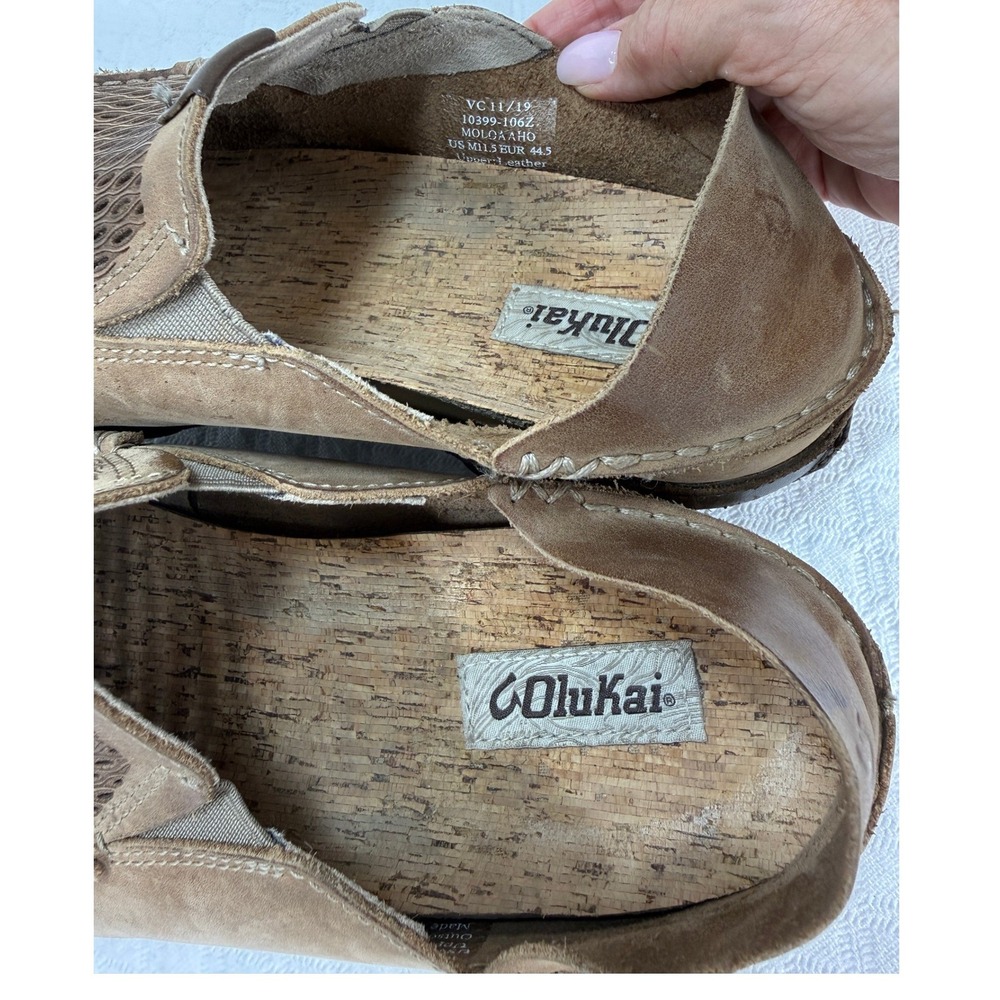 OluKai Moloa Aho Mens 11.5 Tan Leather Mesh Slip On Loafers Shoes 10399-106Z - Picture 5 of 9